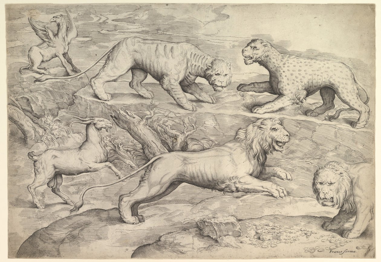 Seks dyr, inklusive løver, en tiger, en leopard, en griffin og en ged, ca. 1530-61. af Battista Franco Veneziano