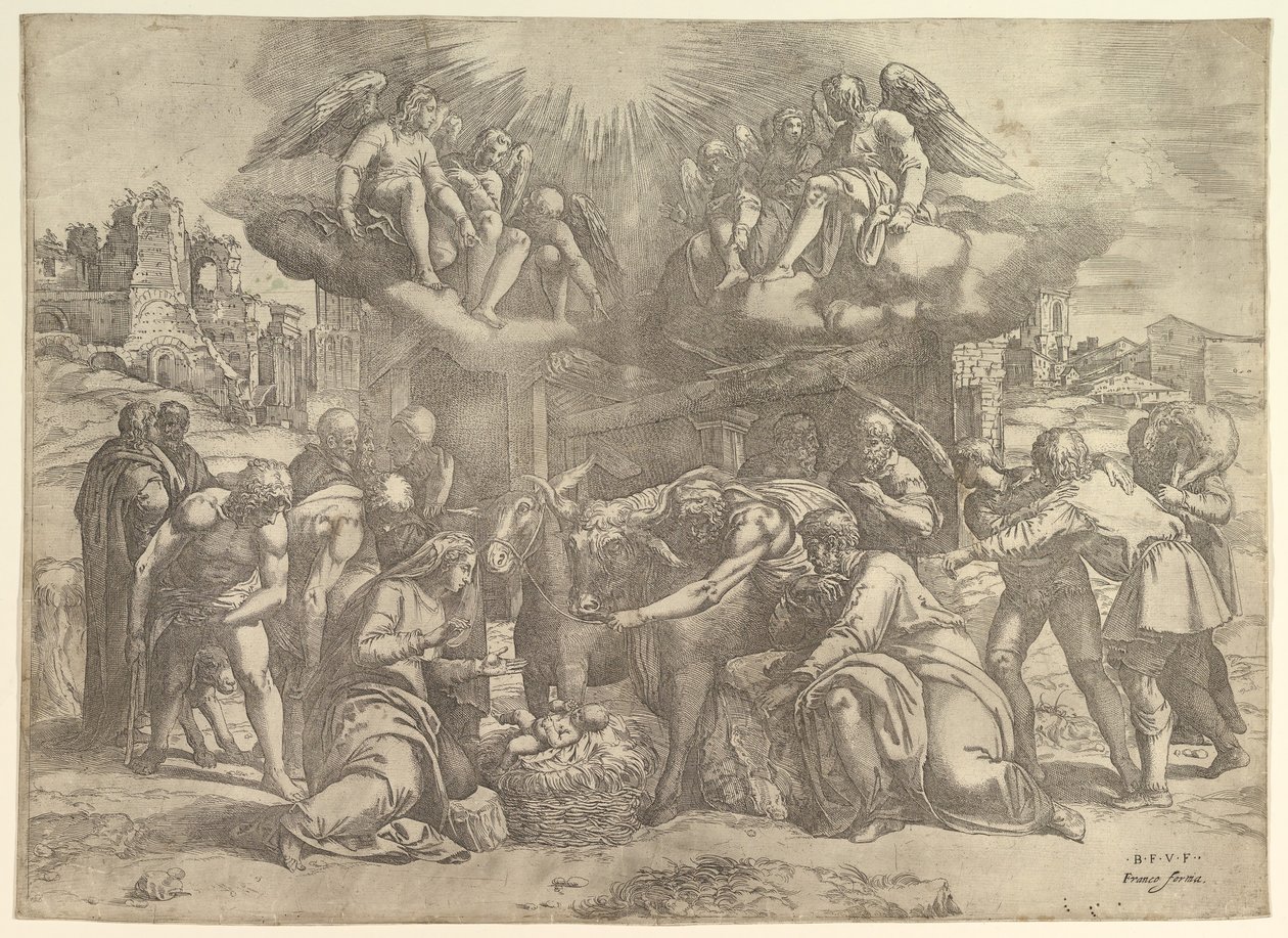 Hyrdernes tilbedelse med engle over hovedet, ca. 1530-61. af Battista Franco Veneziano