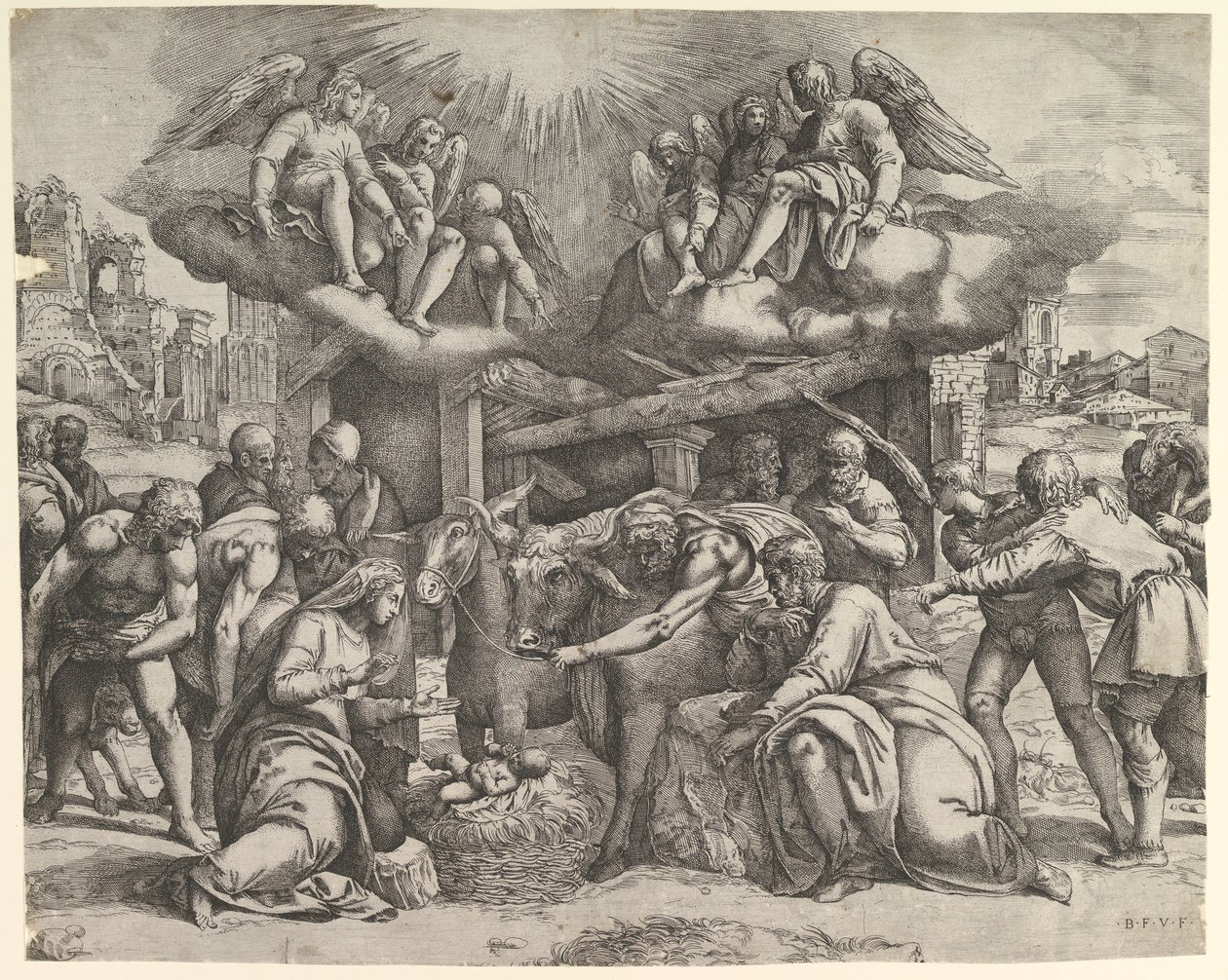 Hyrdernes tilbedelse med engle over hovedet, ca. 1530-61. af Battista Franco Veneziano