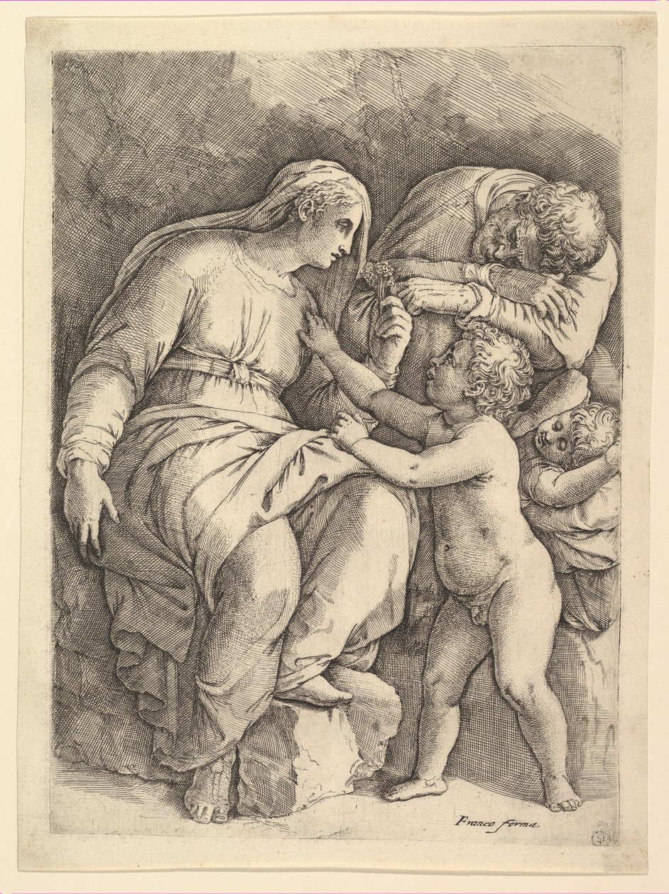 Den hellige familie. af Battista Franco Veneziano