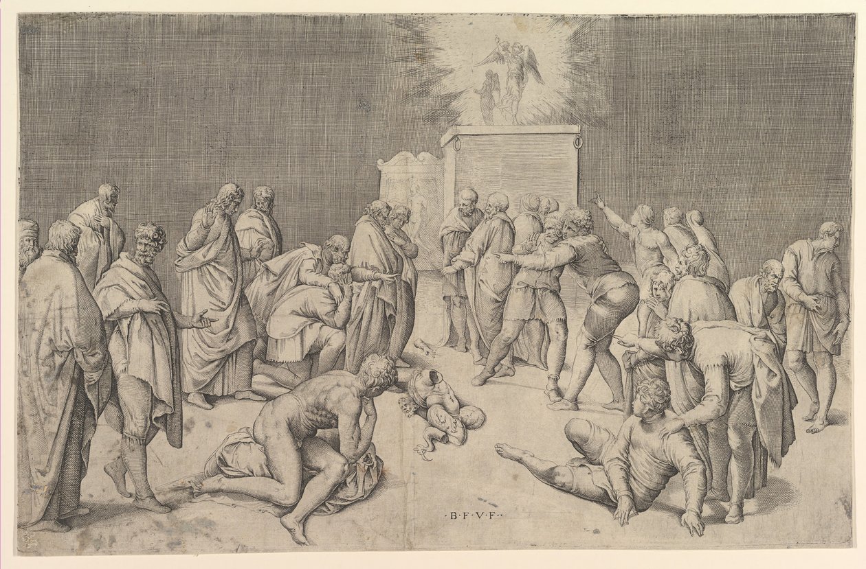 Filisterne placerer pagtens ark i Dagons tempel, ca. 1540. af Battista Franco Veneziano