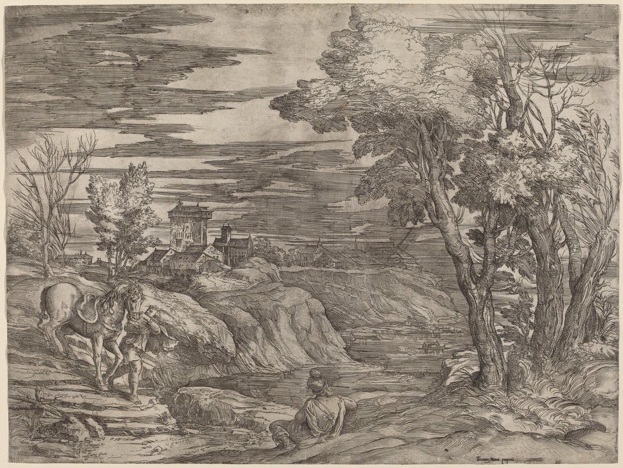 Landskab med en mand, der leder en hest af Battista Franco after Titian