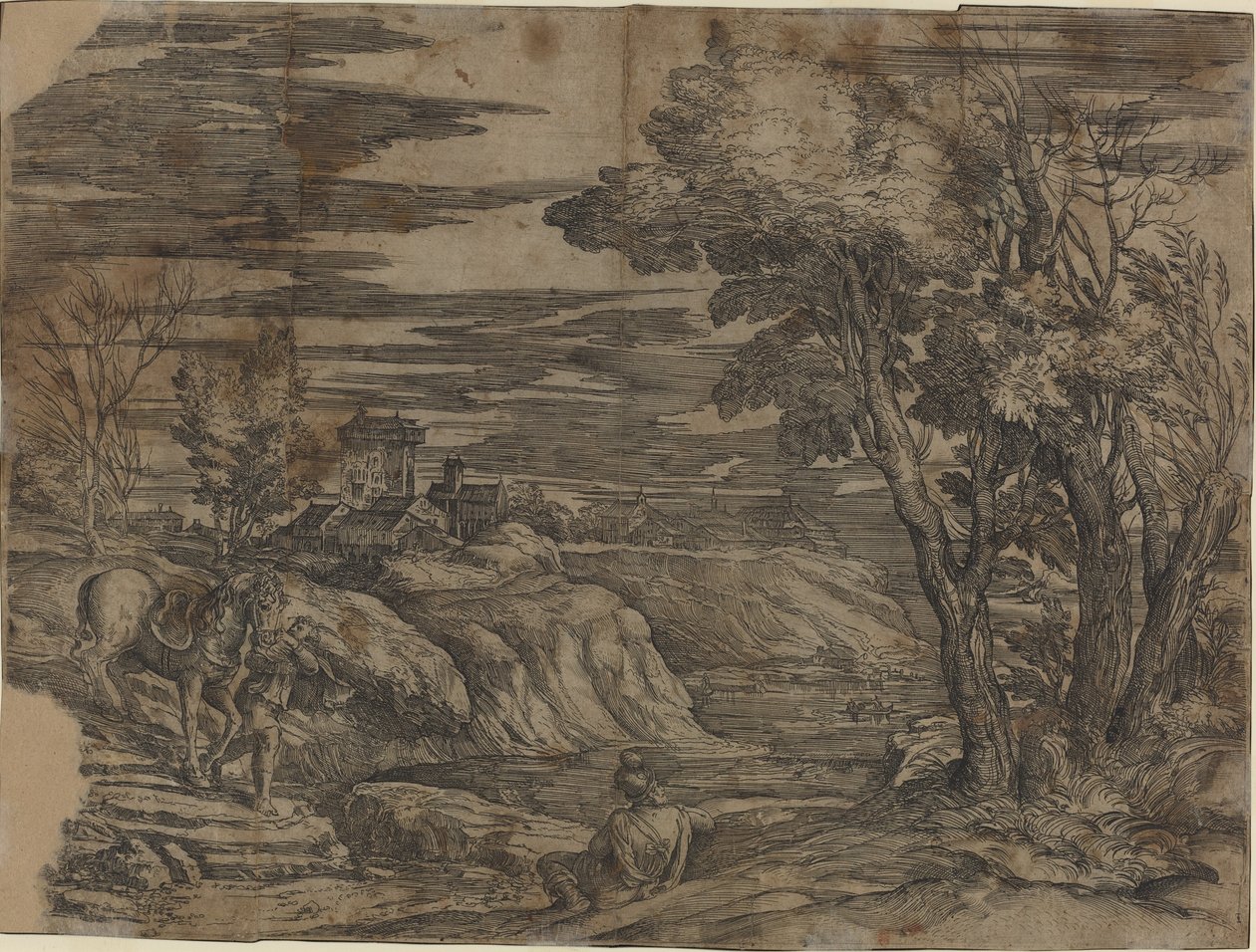 Landskab med en mand, der leder en hest af Battista Franco, after Titian