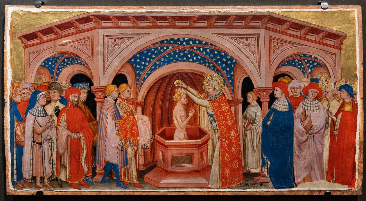 Pave St. Sylvester døber Costantine i Laterano (tempera på panel) af Battista da Vicenza