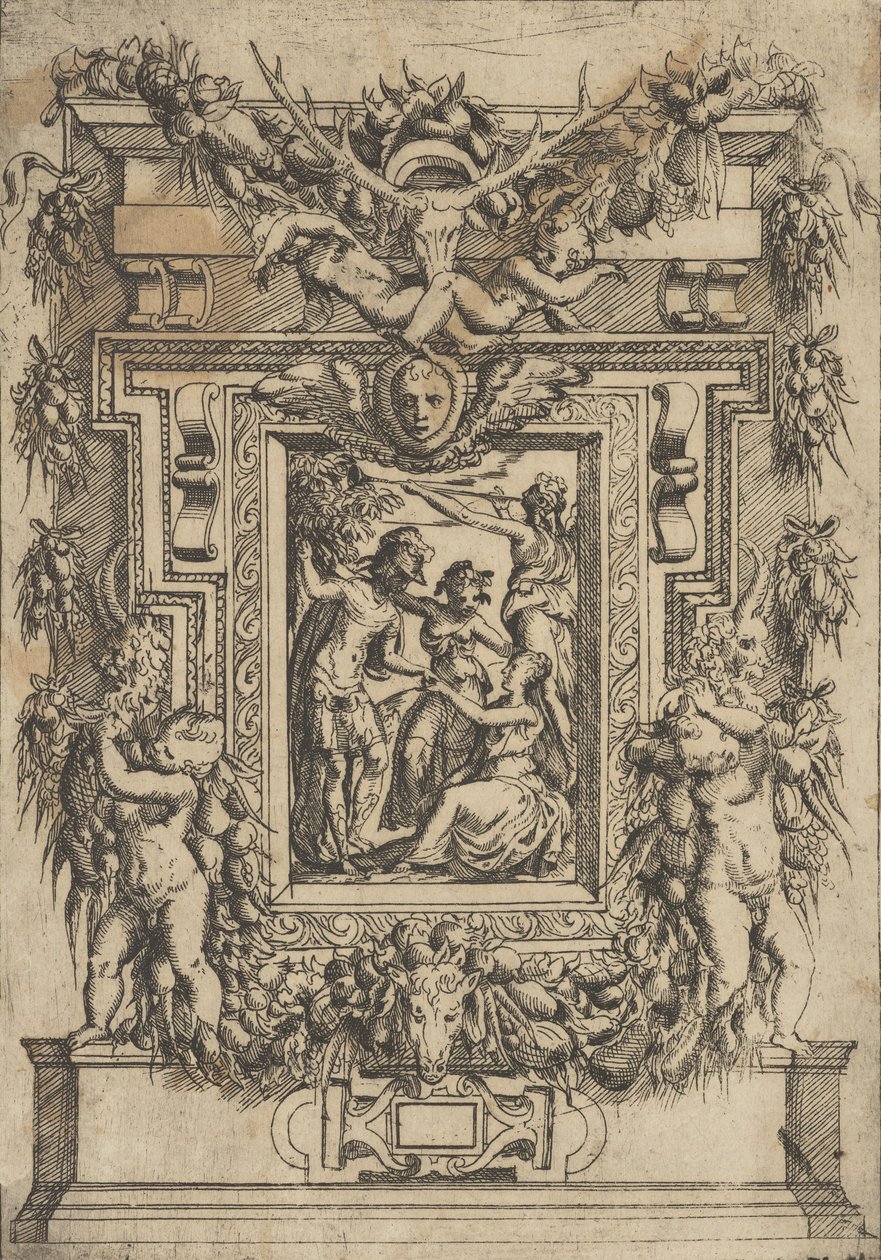 En ung mand rækker hånden til en siddende kvinde, en anden kvinde står mellem dem og..., ca. 1540-80. af Battista del Moro