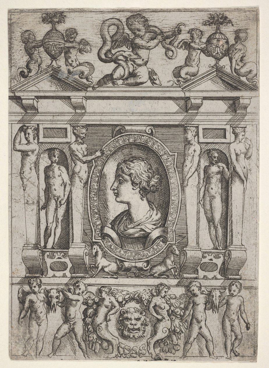 Buste af en kvinde i profil mod venstre, sat i en kunstfærdig ramme med figurer i n..., ca. 1540-80. af Battista del Moro
