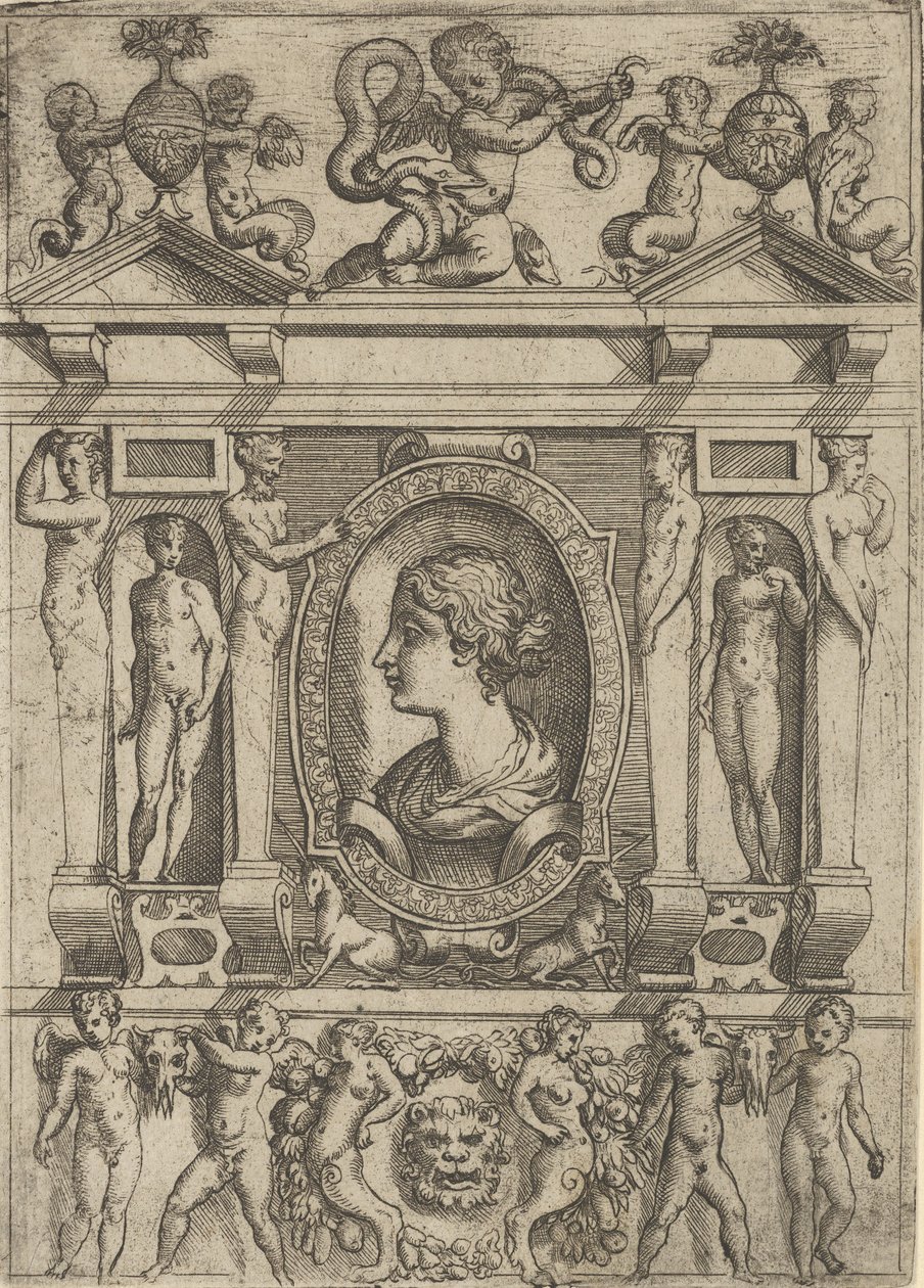 Buste af en kvinde i profil mod venstre, sat i en kunstfærdig ramme med figurer i n..., ca. 1540-80. af Battista del Moro