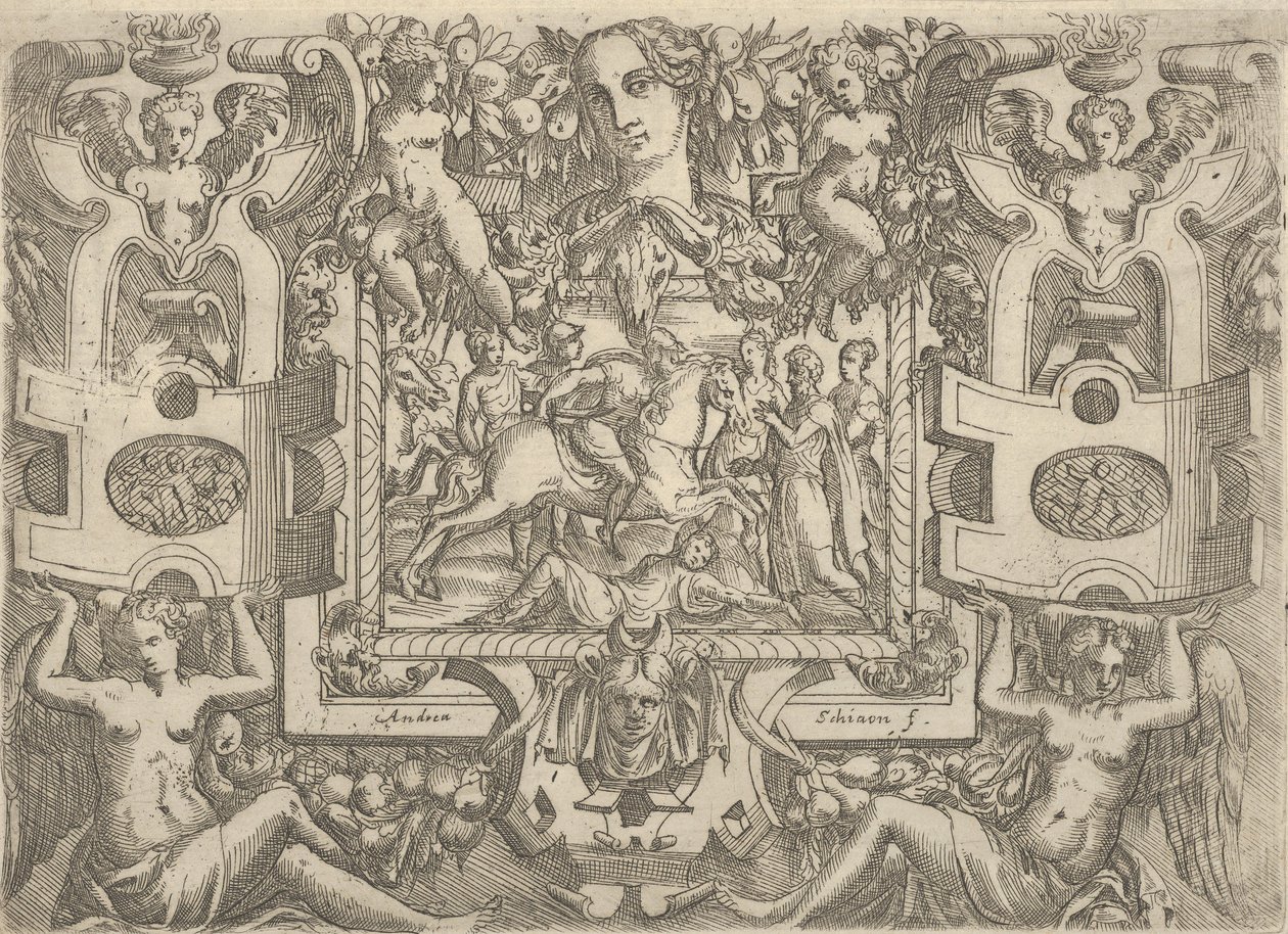 Figur på hesteryg, der holder et sværd og rider hen over en skikkelse, der ligger på jorden, s..., ca. 1540-80. af Battista del Moro