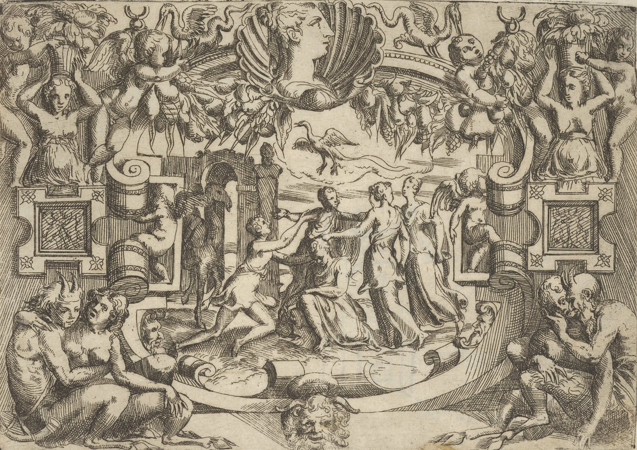 Fire kvinder, der omgiver en siddende skikkelse, en fugl over dem, anbragt i en udførlig ..., ca. 1540-80. af Battista del Moro