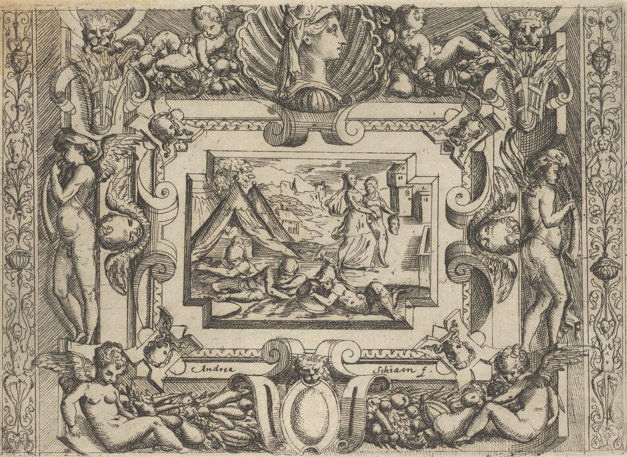 Judith og tjenestepige med hovedet af Holofernes, sat inden for en kunstfærdig ramme, ca..., ca 1540-80. af Battista del Moro