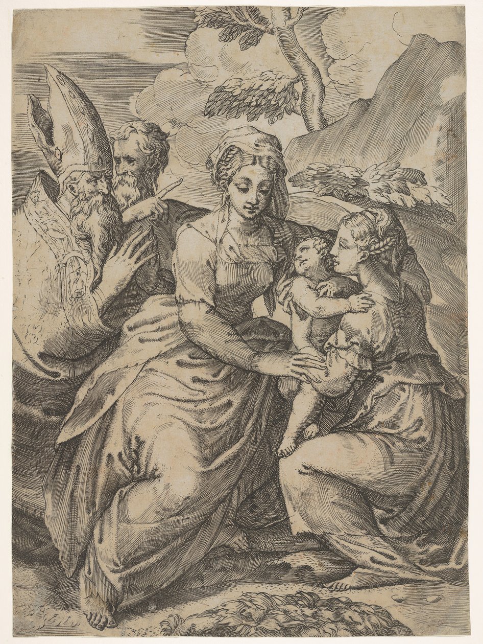 Madonna og barn med hellige efter Parmigianino. af Battista del Moro