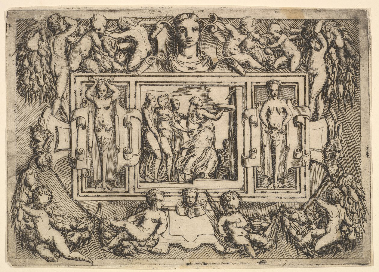 Den cumeiske sibylle går til højre og bærer en bakke, efterfulgt af tre kvinder..., ca. 1540-80. af Battista del Moro