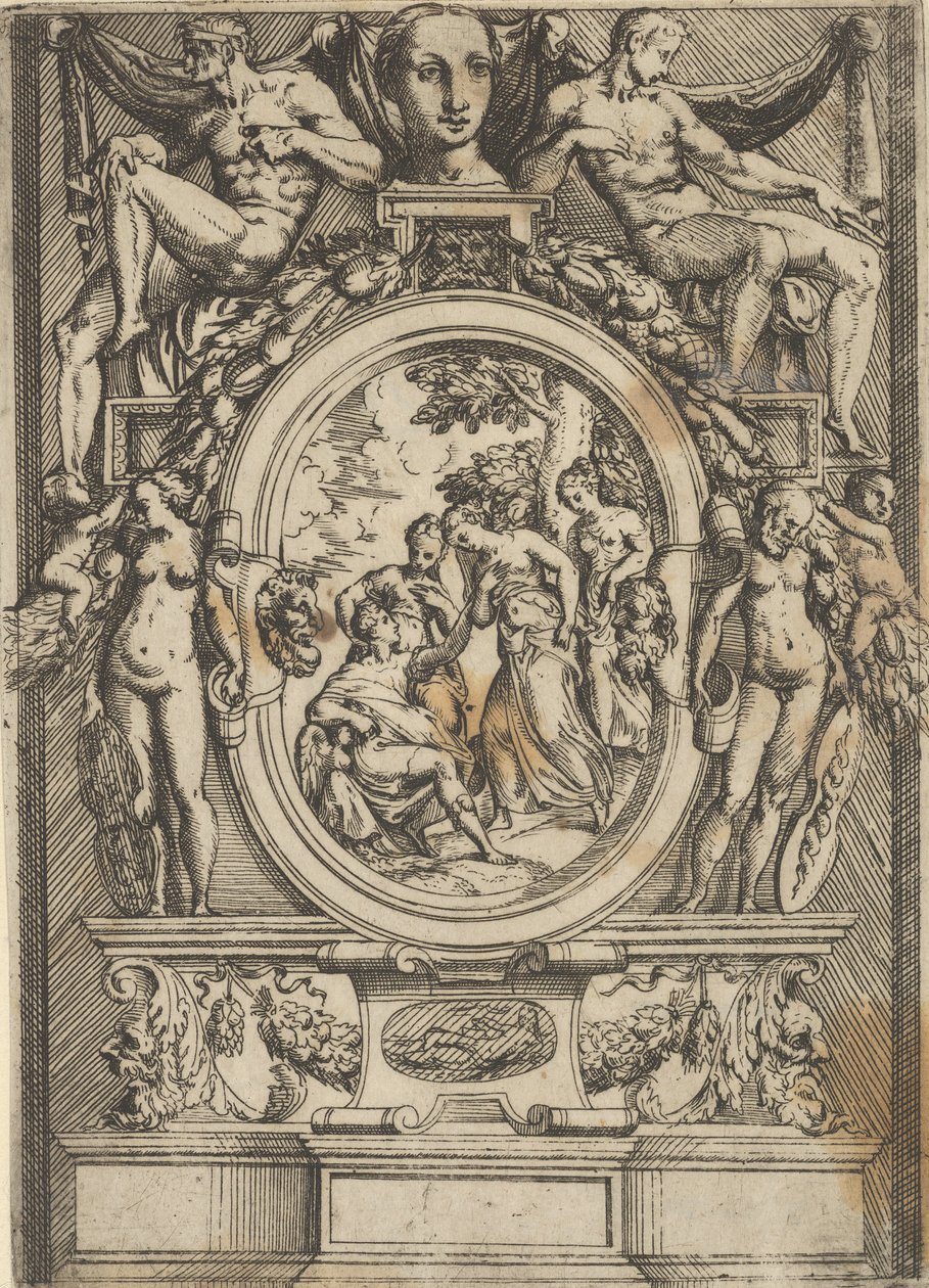 The Judgment of Paris, mand siddende til venstre rækker ud til en kvinde, der er flankeret af ..., ca. 1540-80. af Battista del Moro