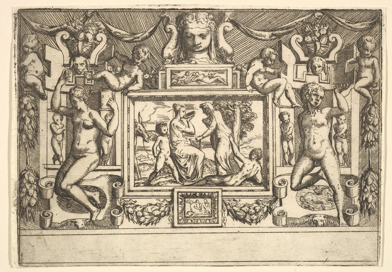 Ung kvinde drikker af en skål, en gammel kvinde står foran hende, sat i..., ca. 1540-80. af Battista del Moro
