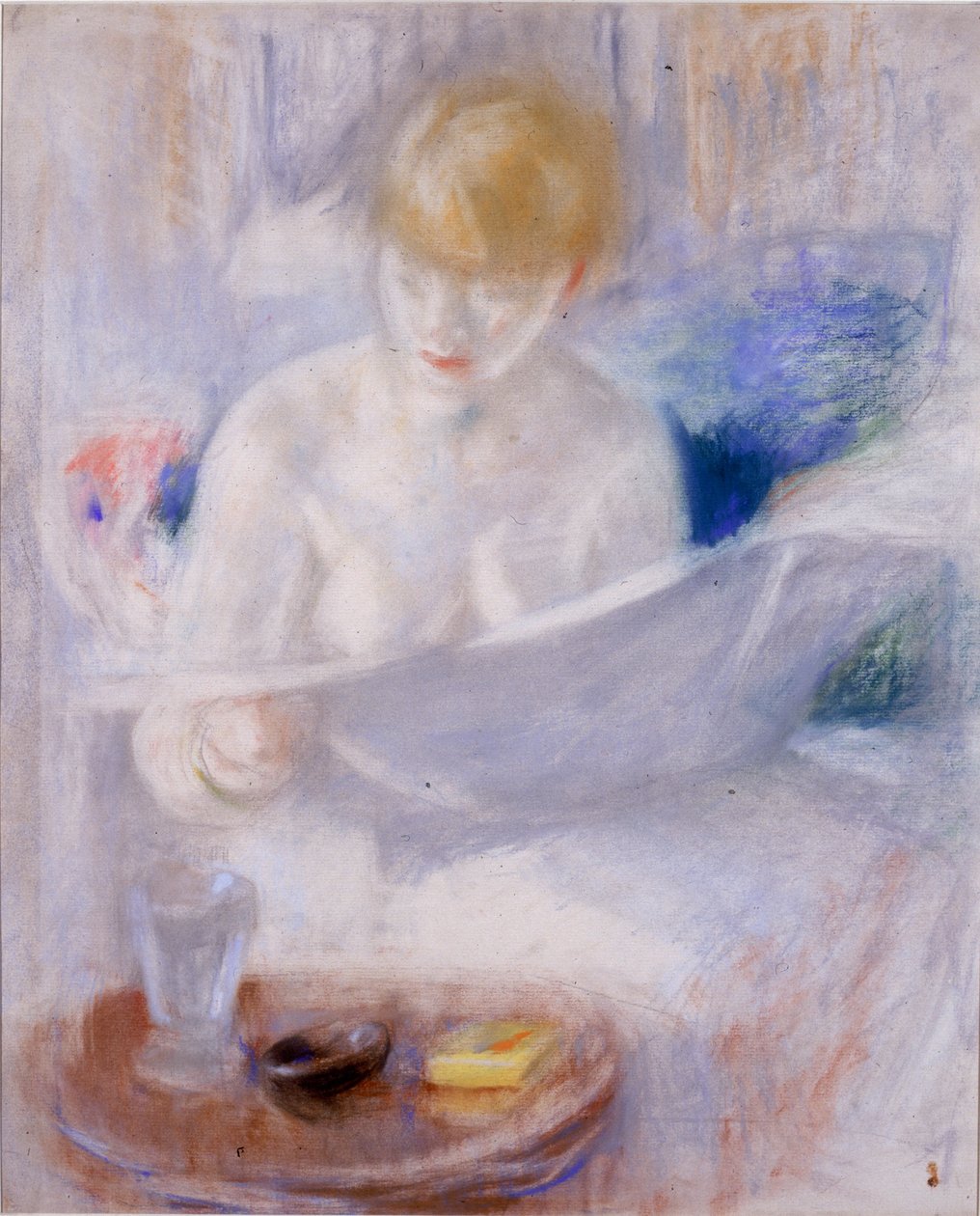 Lisant dans il Lit (pastel og blyant på tavle) af Beatrice How