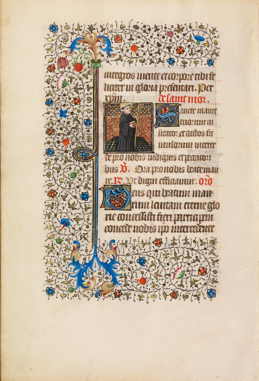Abbed Maurus med en stav og en bog, ca. 1440-50 (tempera, bladguld, maling og blæk på pergament) af Bedford Master Workshop