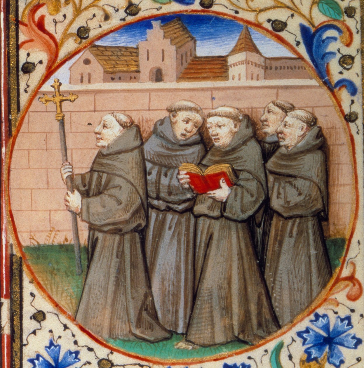 Scene af klosterliv. Detalje, der repræsenterer munke af Franciskanerordenen. Miniature taget fra "" Timebog ifølge brugen af Paris"" oplyst af Mesterens værksted i Bedford. 1450. Paris, B.N. af Bedford Master Workshop