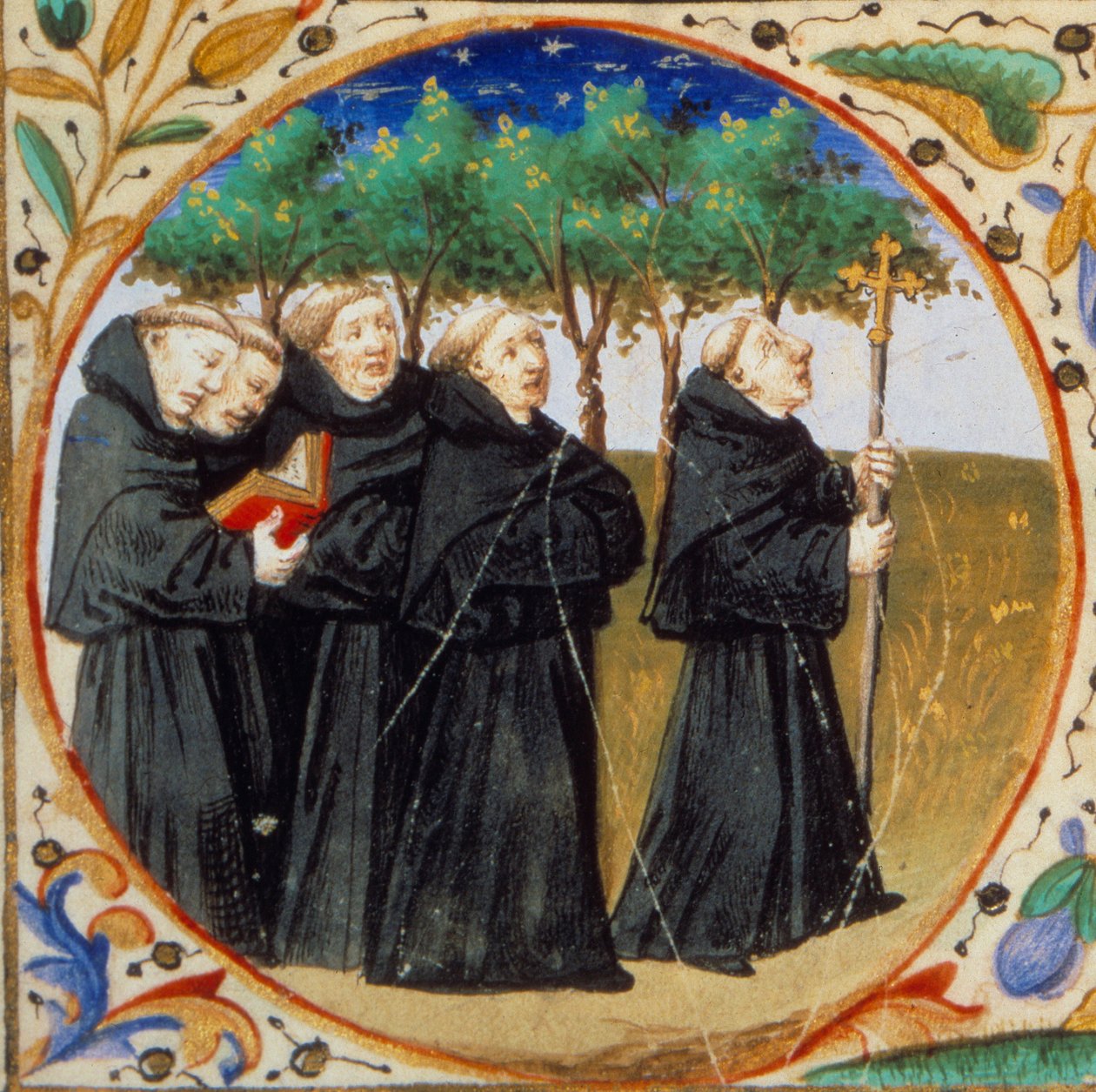 Scene af klosterliv. Detalje, der repræsenterer munke af Augustinerordenen. Miniature taget fra "" Timebog ifølge brugen af Paris"" oplyst af Mesterens værksted i Bedford. 1450. Paris, B.N. af Bedford Master Workshop