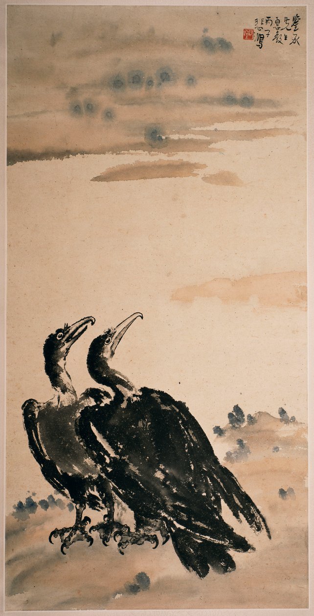 To skarver (hængende rulle og farve på papir) af Beihong Xu
