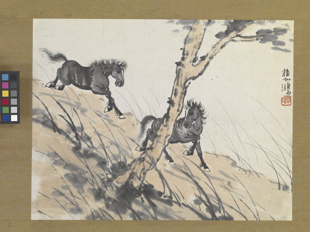 Two Horses On Hillside, begyndelsen af 1900-tallet (blæk og farve på papir) af Beihong Xu