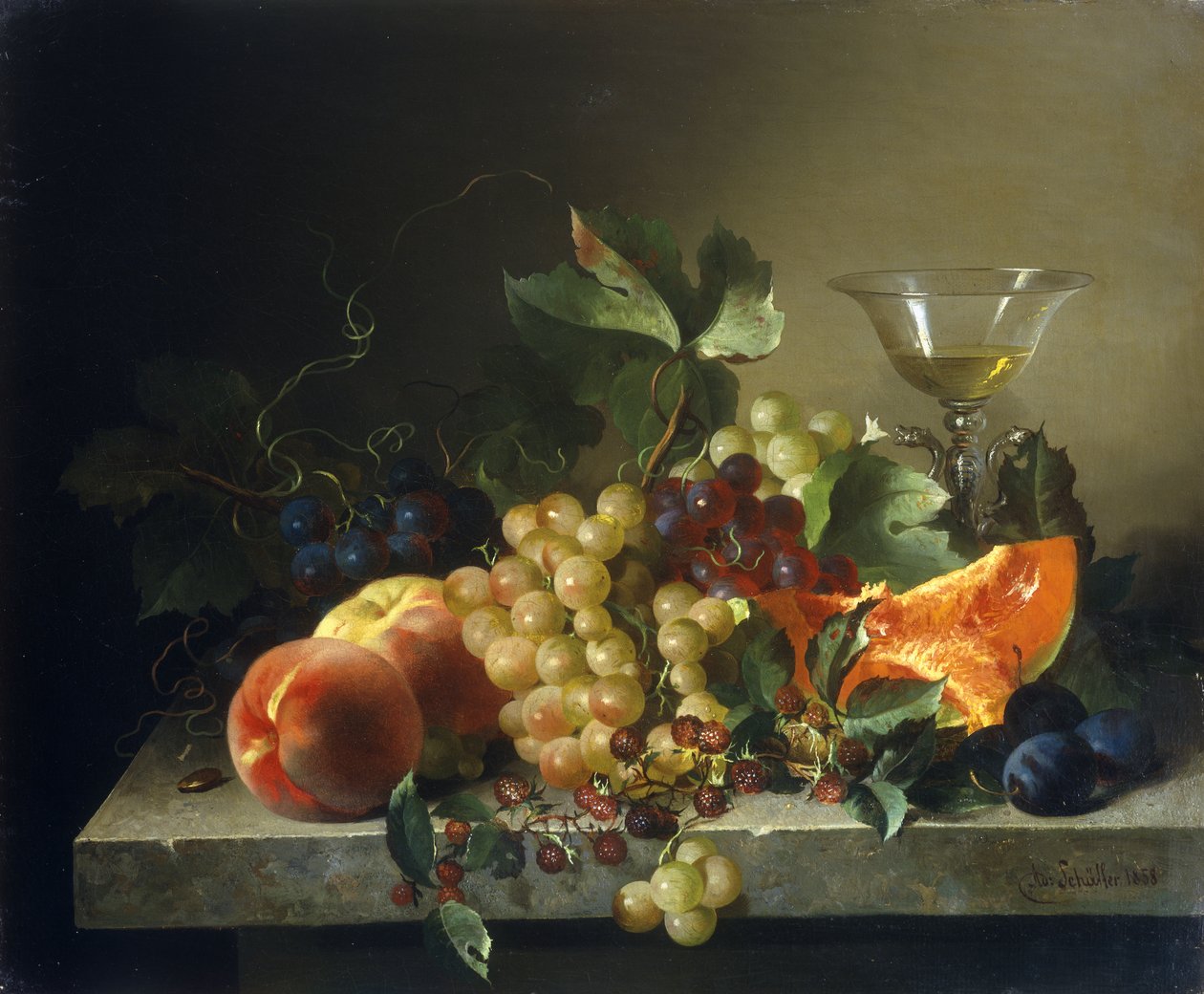 Et stilleben med frugt på en stenafsats, 1858 af Bela Schaffer