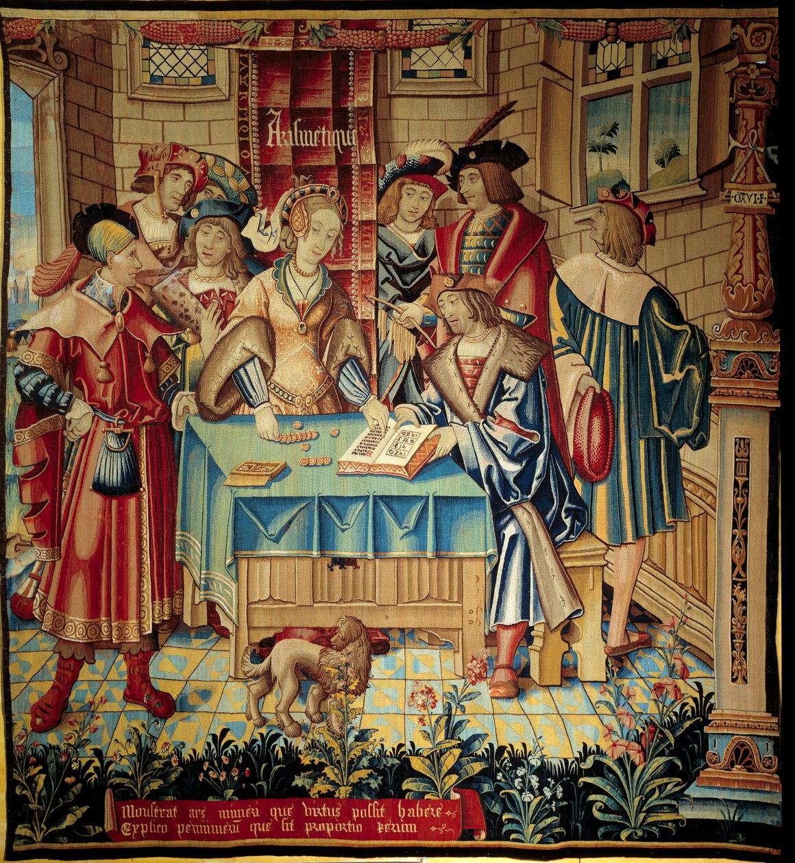 Gardin, der illustrerer den liberale kunst: Aritmetik. Uld og silketæppe lavet omkring 1520 i Tournai. Søn 3,1x2,9 m Paris, middelalderens nationalmuseum, Thermes de Cluny af Belgian School