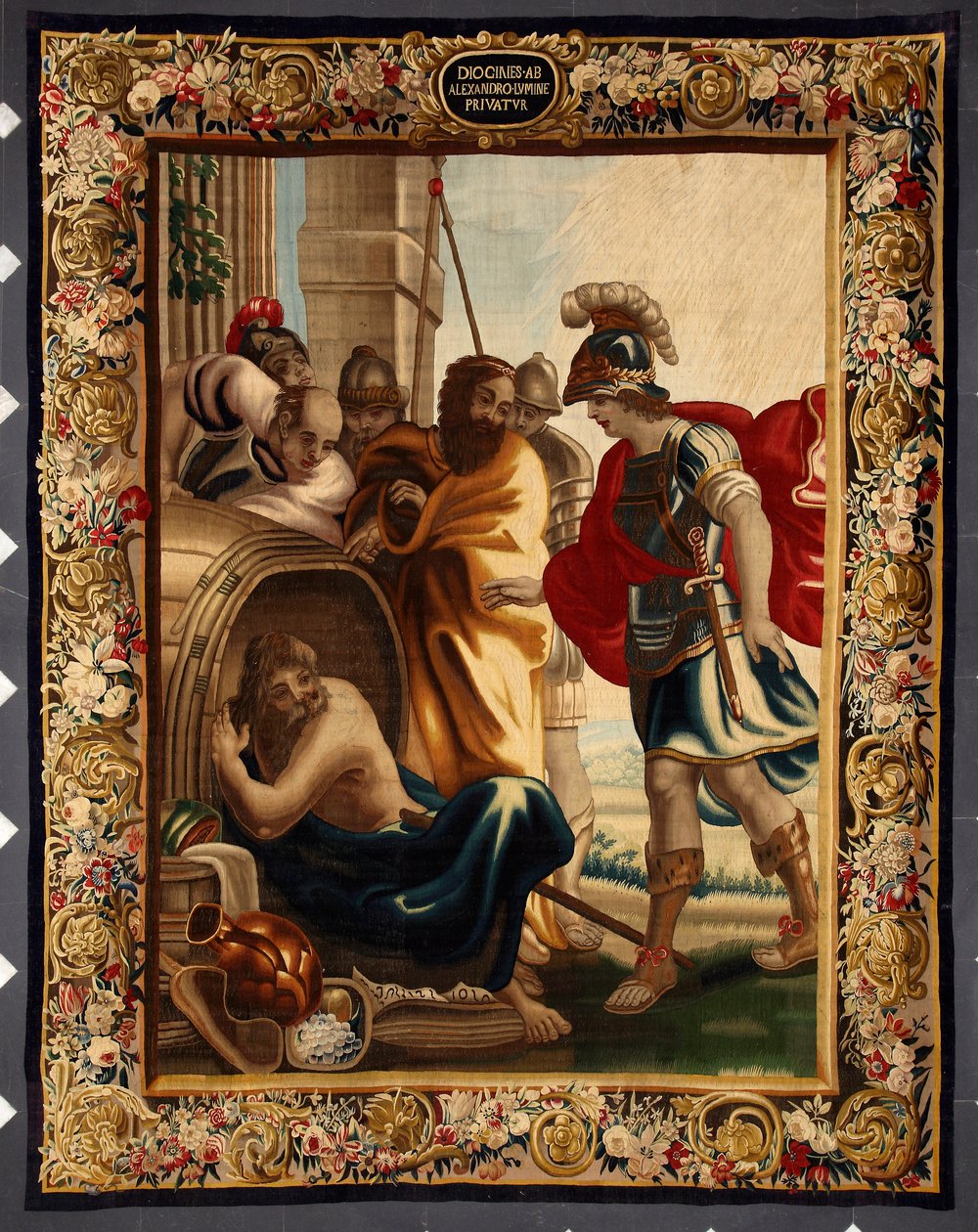 Diogene og Alexander: mødet mellem den græske filosof Diogene de Sinope (413-327 f.Kr.) i hans tønde og kong Alexander den Store (356-323 f.Kr.) i Korinth. Da erobreren spurgte ham, hvad han ville, svarede Diogene: "Tag lidt af min sol". Tryk på af Belgian School