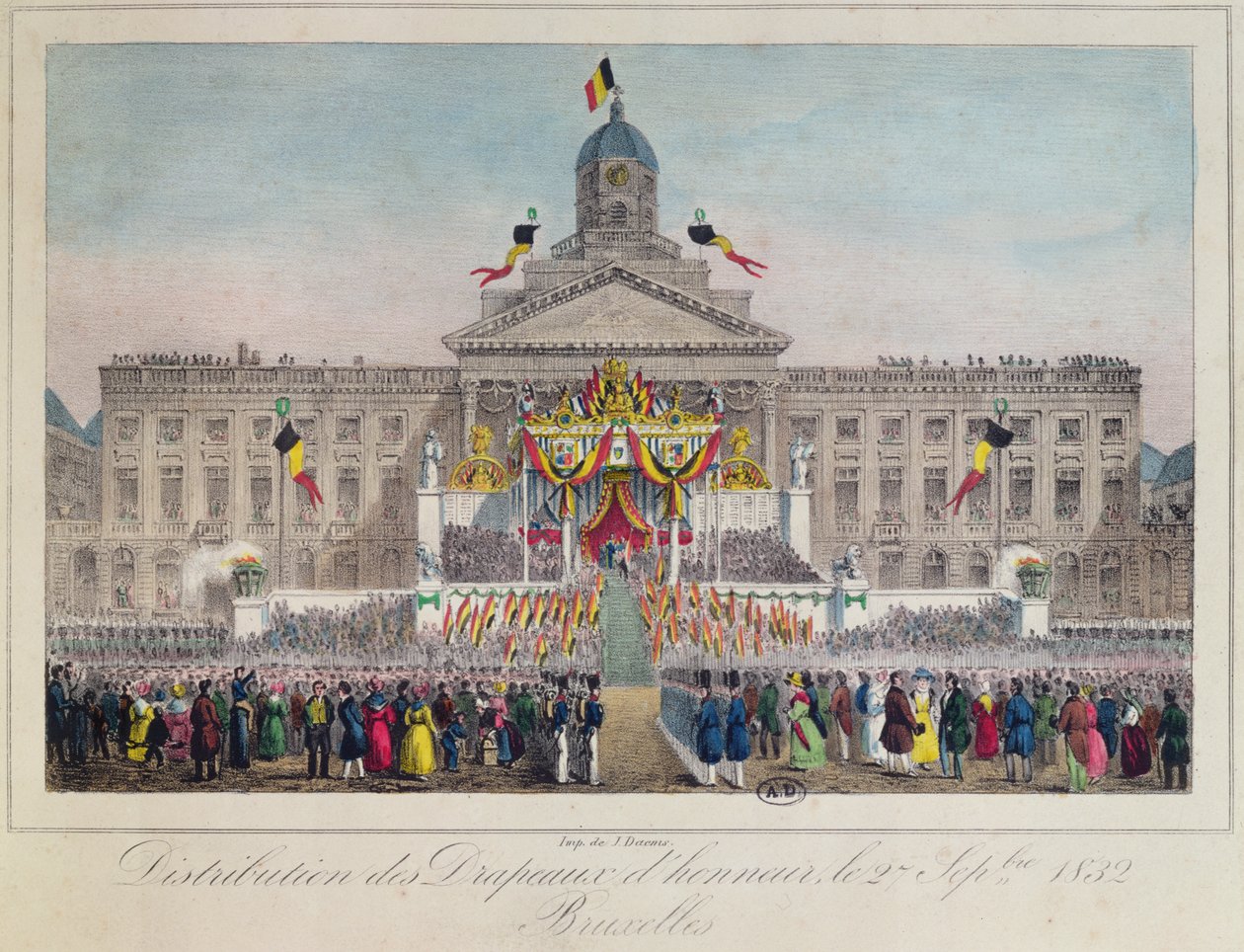 Uddeling af æresflag i Bruxelles den 27. september 1832, 1832 (farvegravering) af Belgian School