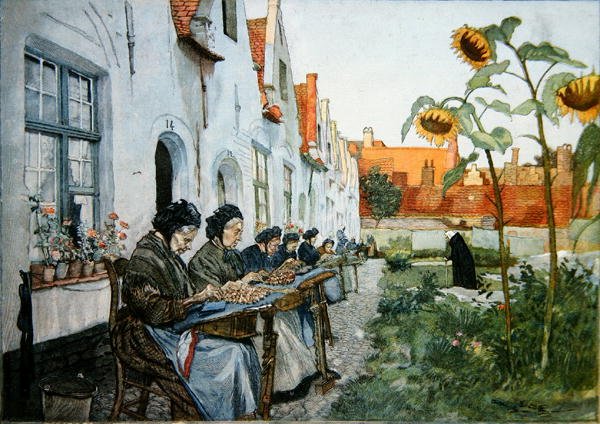 Kniplingsmagere i haven til et ældrehjem i Brügge af Belgian School