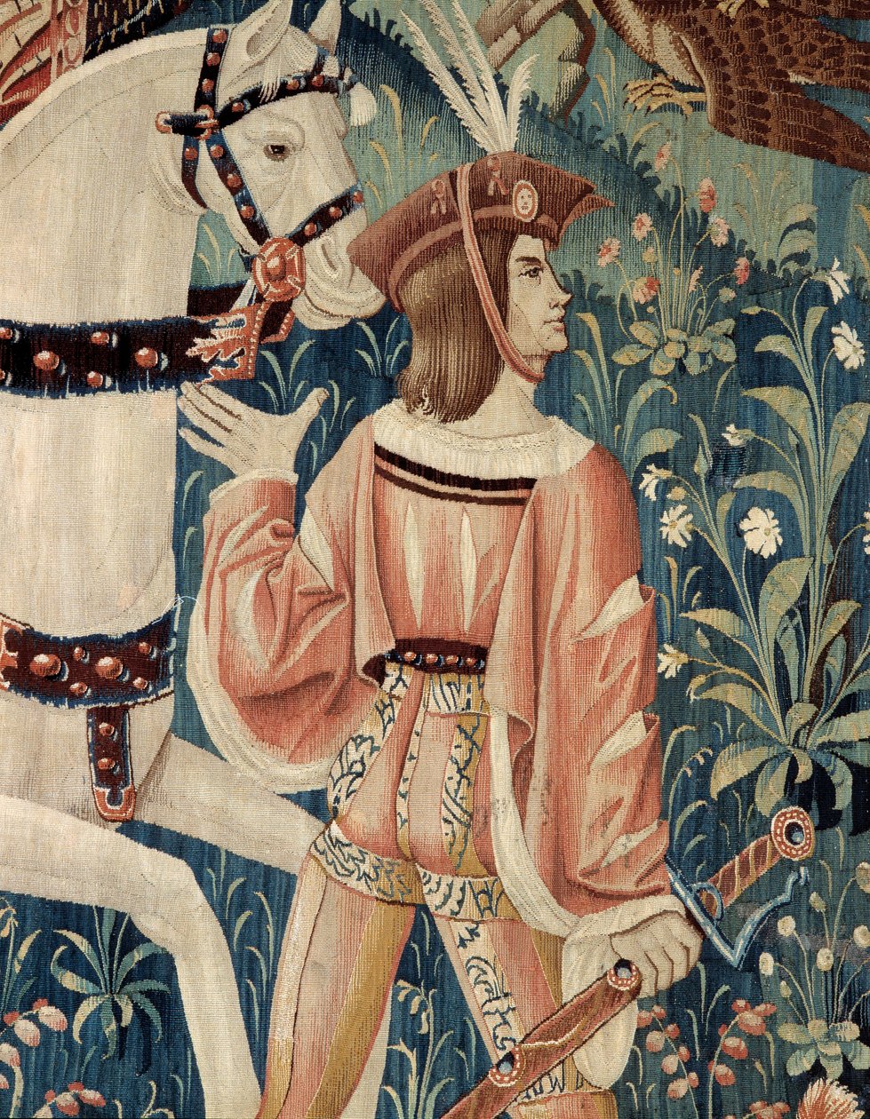 Middelalder: begyndelsen til jagt på falke, til hest. Detalje af et silke- og uldtæppe fra begyndelsen af 1500-tallet. Fra Hainaut. Paris, Nationalmuseet for middelalderen, Thermes de Cluny af Belgian School