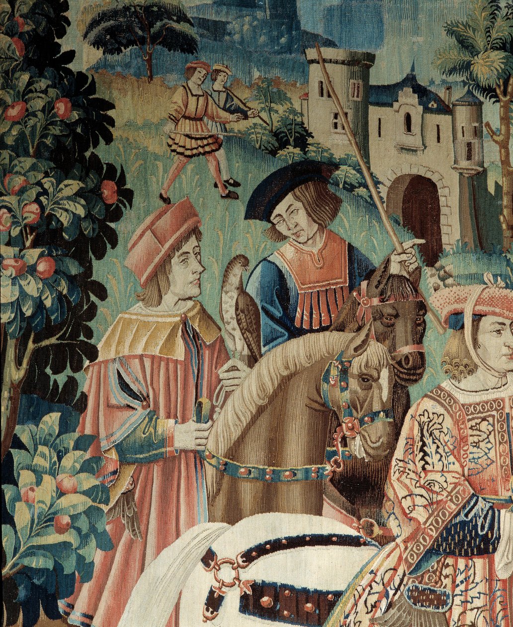 Middelalderen: begyndelsen på falkejagt til hest. Detalje af et silke- og uldtapet fra begyndelsen af det 16. århundrede. Fra Hainaut. Paris, Nationalmuseet for middelalderen, Thermes de Cluny af Belgian School
