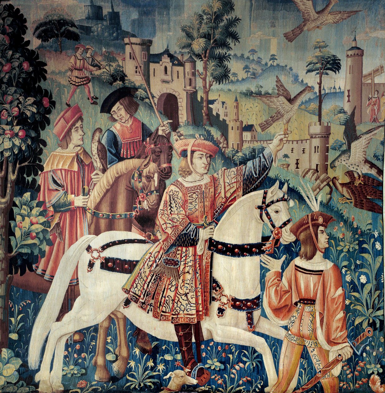 Middelalderen: begyndelsen på falkejagt, til hest. silke- og uldtapet fra begyndelsen af 1500-tallet. Fra Hainaut. Paris, Nationalmuseet for middelalderen, Thermes de Cluny af Belgian School