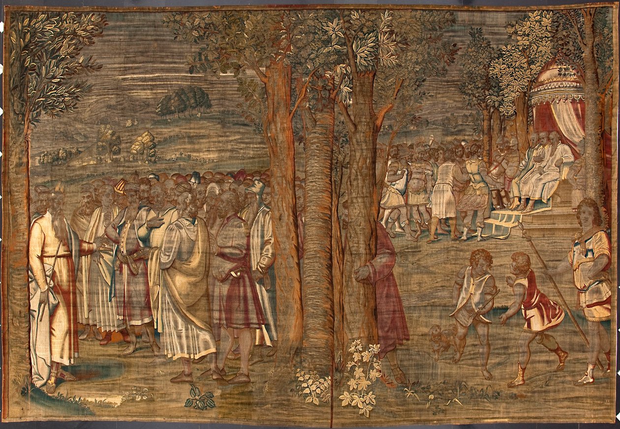 Moise etablerer retfærdighedens gobelin af Dionys Martensz efter Luca Cambiasos (1527-1584) kartoner og fremstillet i manufakturerne i Bruxelles 1561-1564 Dim. 392,5x220,5 cm Genes, Musei di Strada Nuova af Belgian School