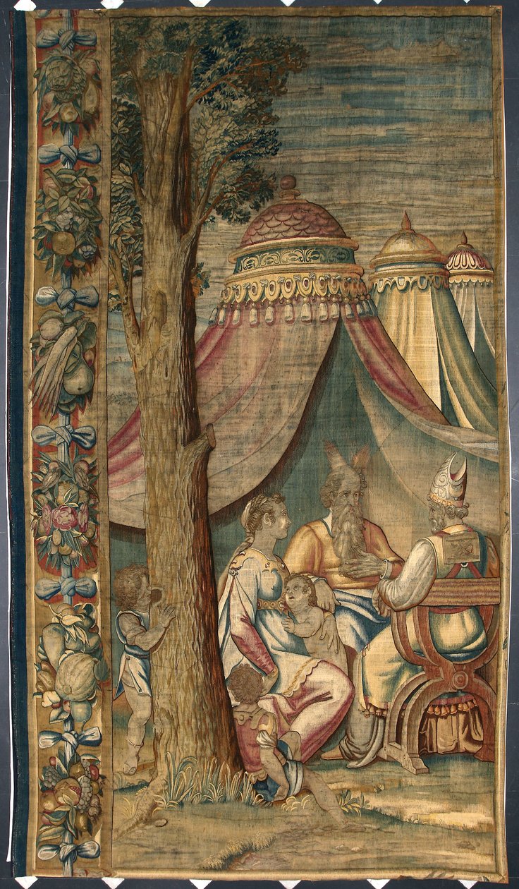 Moise med Jethro og Sephora Billedtæppe af Dionys Martensz efter Luca Cambiasos (1527-1584) kartoner fremstillet i manufakturerne i Bruxelles 1561-1564 Dim. 391x141,2 cm Genes, Musei di Strada Nuova af Belgian School