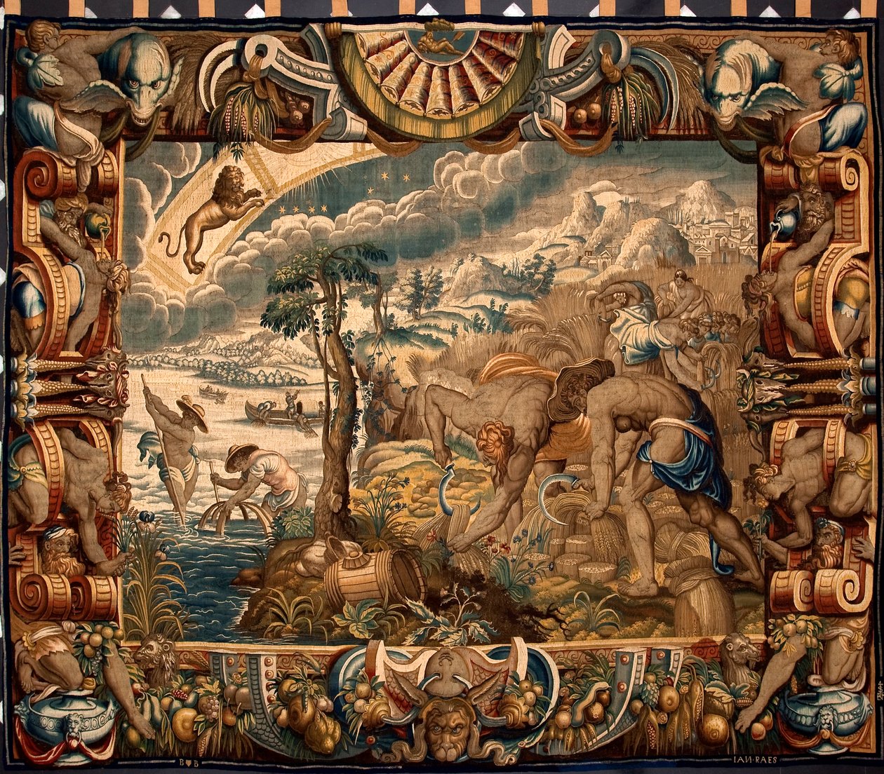 August måned: "Høsten" Tapet af Jan Raes (aktiv omkring 1610-1631) lavet af manufakturerne i Bruxelles. Genes fra det 17. århundrede, Musei di Strada Nuova af Belgian School