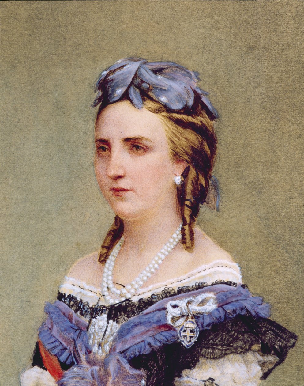 Portræt af Charlotte af Sachsen-Cobourg-Gotha (1840-1927) prinsesse af Belgien og kejserinde af Mexico (wc på papir) (detaljer) af Belgian School