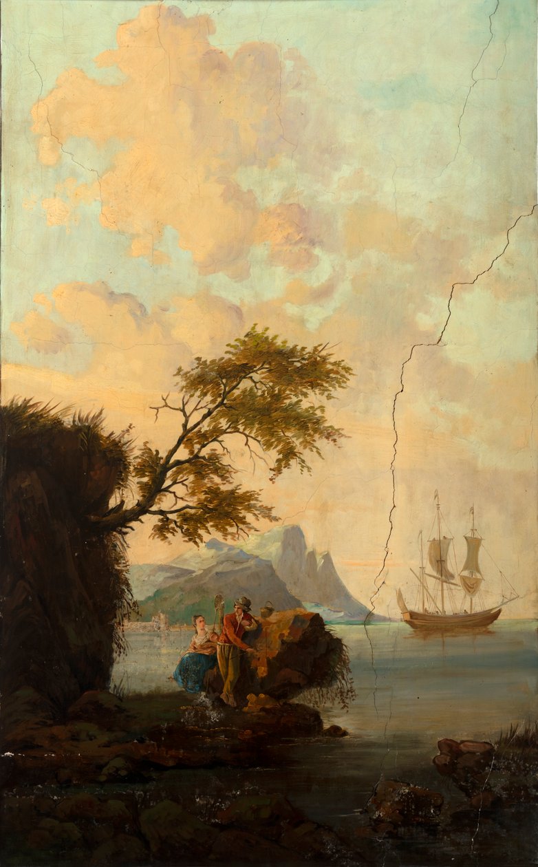 Andet baglokale på bagsiden, mødelokale, vægmalerier med landlige scener i klassisk stil, formentlig fra omkring 1810, scene 5 af Belgian School