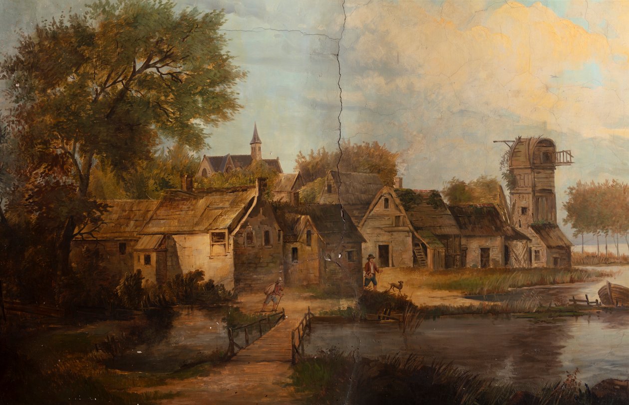 Andet baglokale på bagsiden, mødelokale, vægmalerier med landlige scener i klassisk stil, formentlig fra omkring 1810, scene 3 af Belgian School