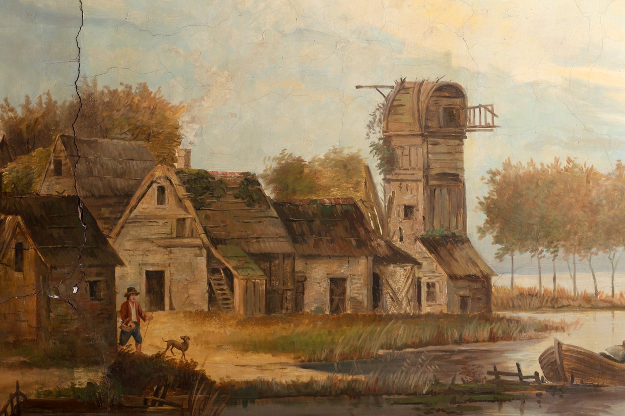 Andet baglokale på bagsiden, mødelokale, vægmalerier med landlige scener i klassisk stil, formentlig fra omkring 1810, scene 3 af Belgian School