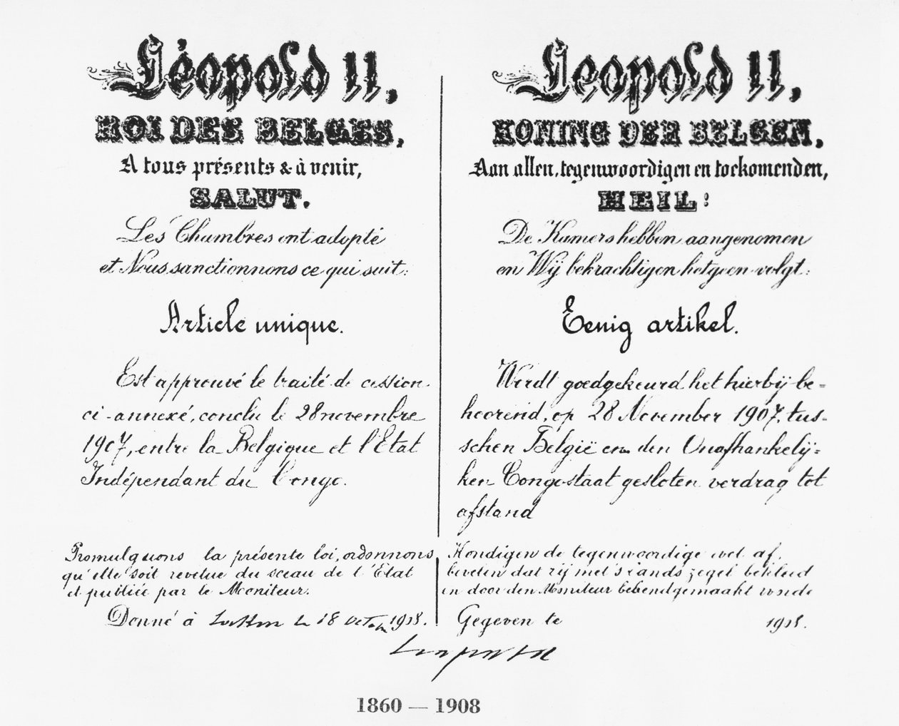 Underskrift af kong Leopold II (1835-1909), der godkender annekteringen af Congo til Belgien, 1908 af Belgian School
