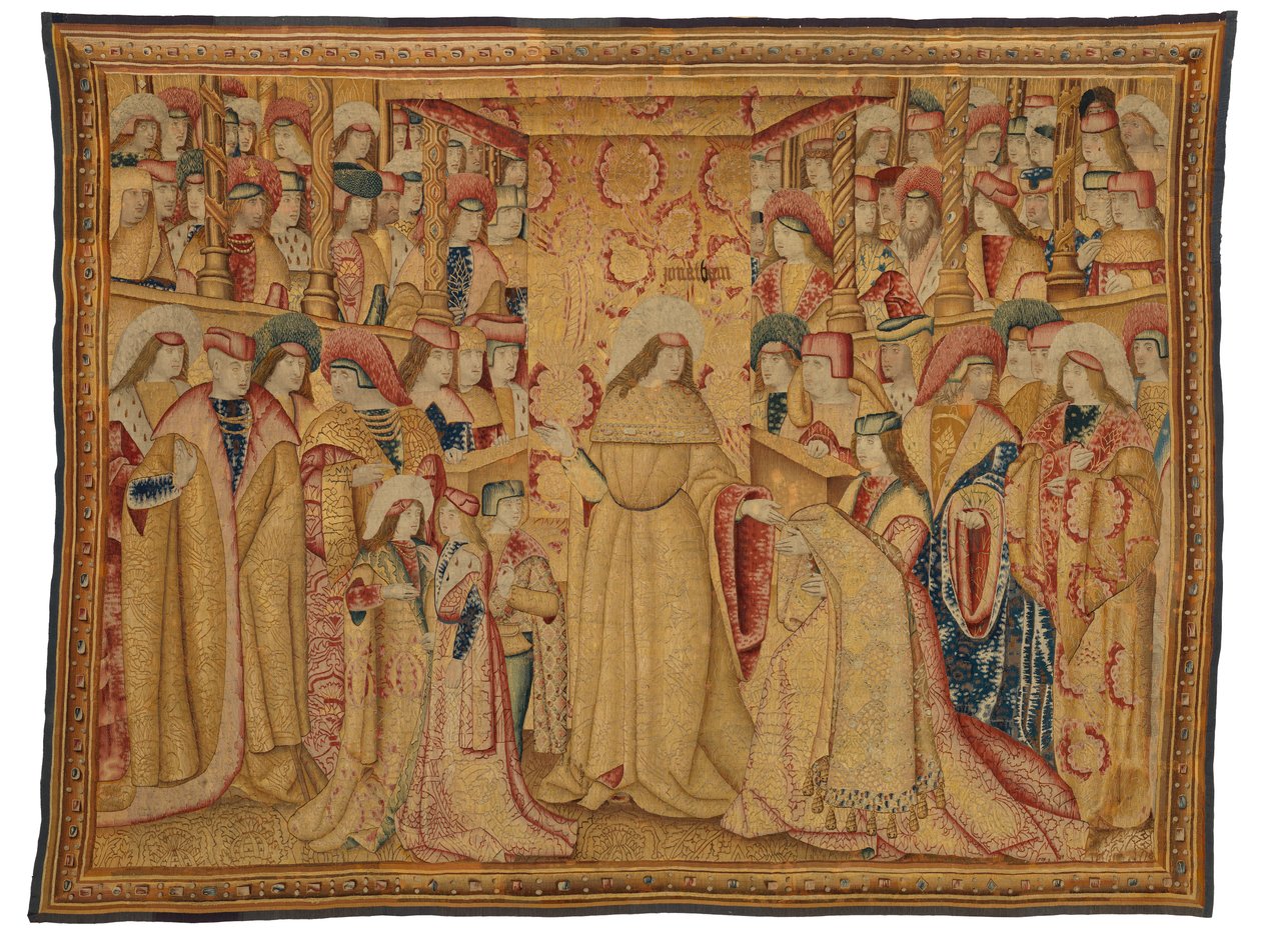 Tapestry, Jonathan Maccabeus Receiving a Purple Robe, lavet i Bruxelles, Belgien, omkring 1490-1500 (uld og silke) af Belgian School