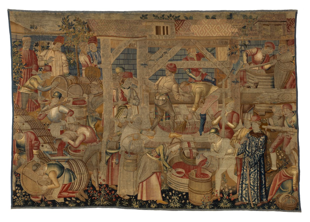 Gobelin, der forestiller vinpresserne, fra Tournai, ca. 1460-70 (uld) af Belgian School