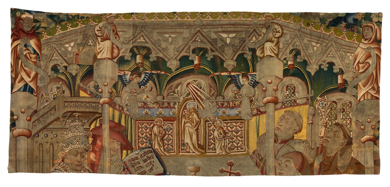 Gobelin fragment, forestillende Et mirakel af det hellige sakrament, lavet i Tournai, Belgien af Belgian School