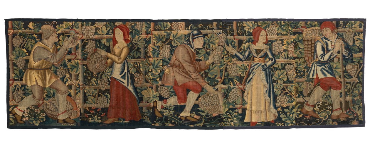 Gobelin-fragment, der forestiller Vintagers, muligvis fra Tournai, ca. 1460-70 (uld) af Belgian School