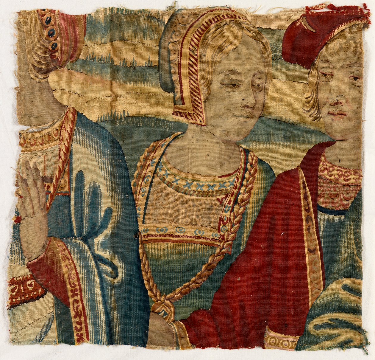 Gobelin fragment forestillende mand og kvinde, lavet muligvis i Bruxelles, Belgien, begyndelsen af det 16. århundrede (uld og silke) af Belgian School