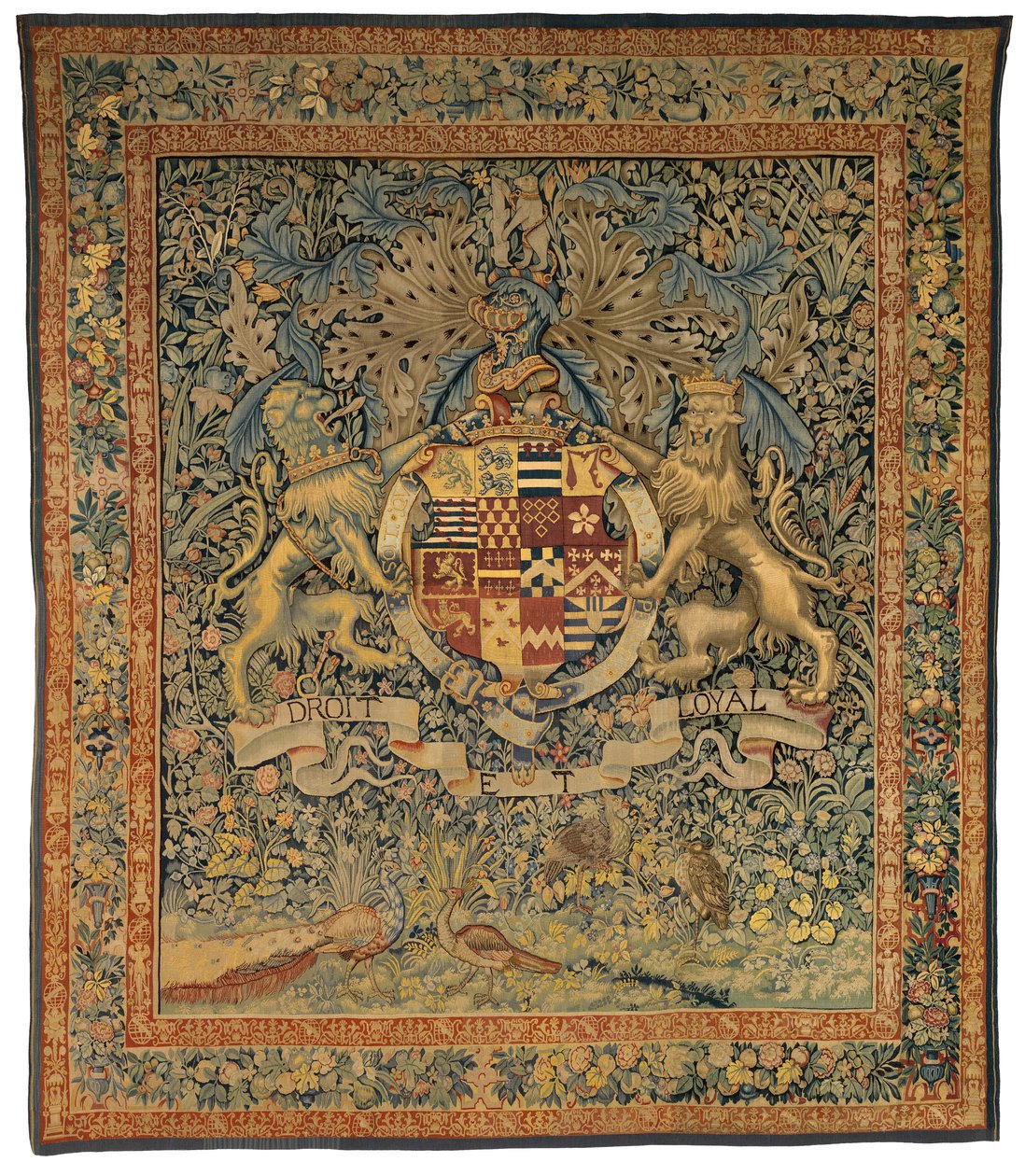 Verdure gobelin med våben fra Robert Dudley, Earl of Leicester (en af et par med 47,1), lavet i Flandern, Belgien, omkring 1570-85 (uld og silke) af Belgian School