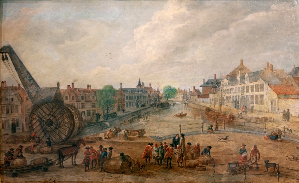 Udsigt over Gent Lievekaai og Augustijnenkaai med en trækran, kopi af et maleri fra det 18. århundrede af Engelbert van Siclers af Belgian School