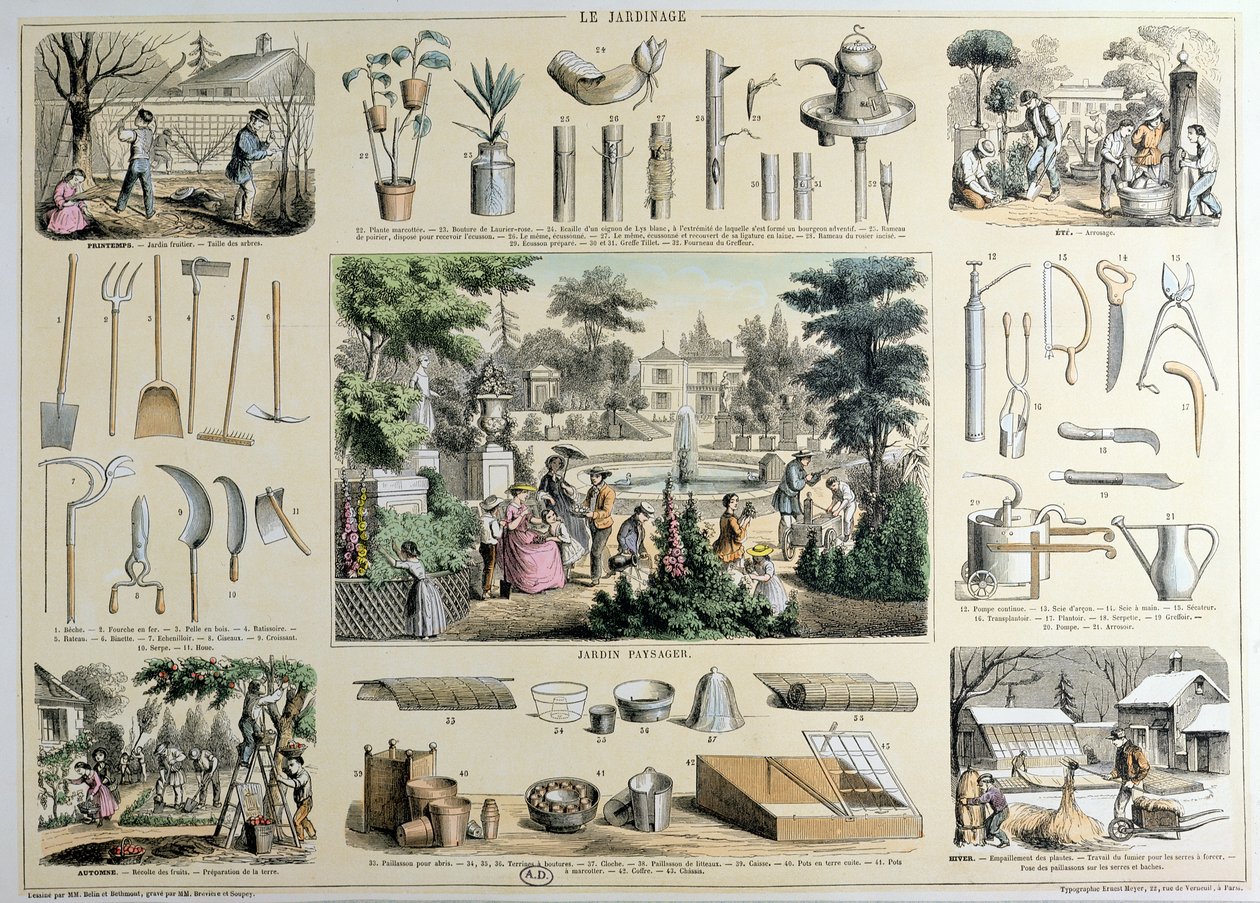 Pædagogisk skildring af havearbejde, med illustrationer af haveredskaber og scener, der viser de passende aktiviteter for hver sæson, (farvegravering) af Belin and Bethmont