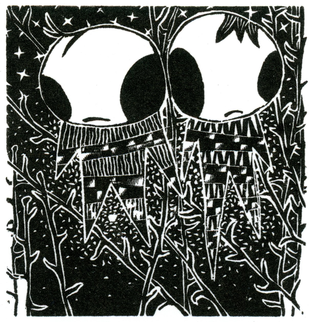 Stargazing Dreamstealers, 2013 (trægravering på papir) af Bella Larsson
