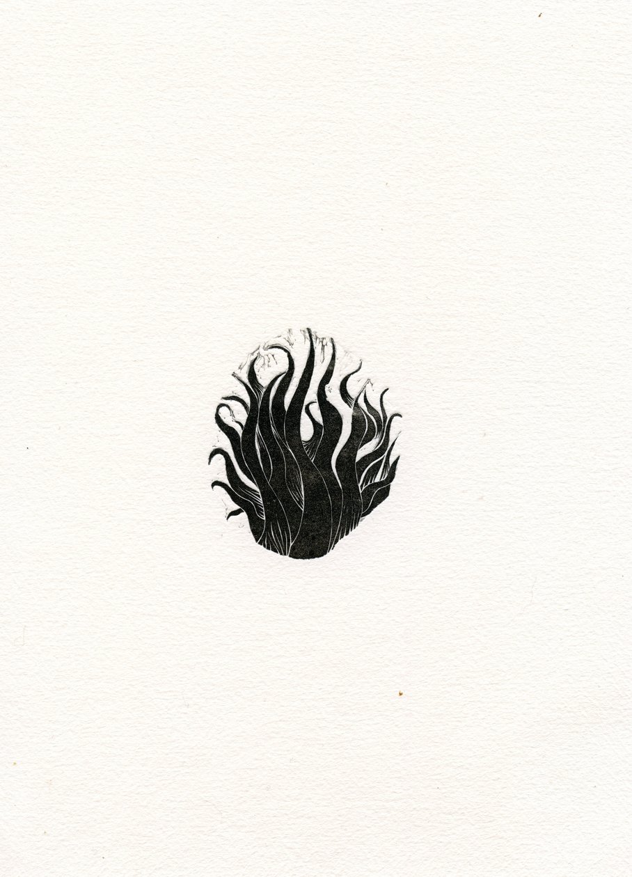 Fire, 2017, (trægravering på papir) af Bella Larsson